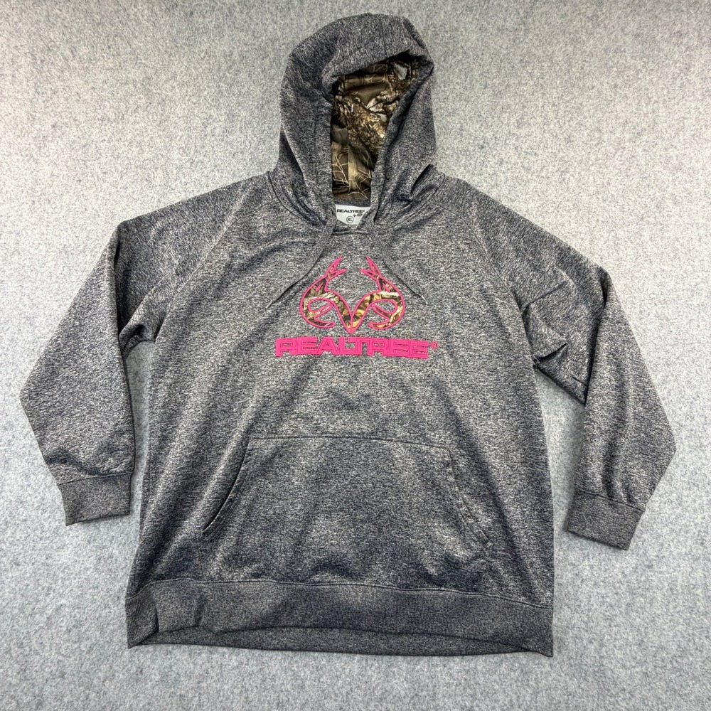 Realtree by RZO Womens XL Gray Heather Pink Camo Logo Fleece Hoodie Sweatshirt